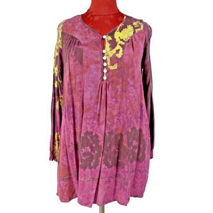 Aoyama Itchome Boho Hippie Peasant Top Size S Long Sleeve Pink Yellow Tunic